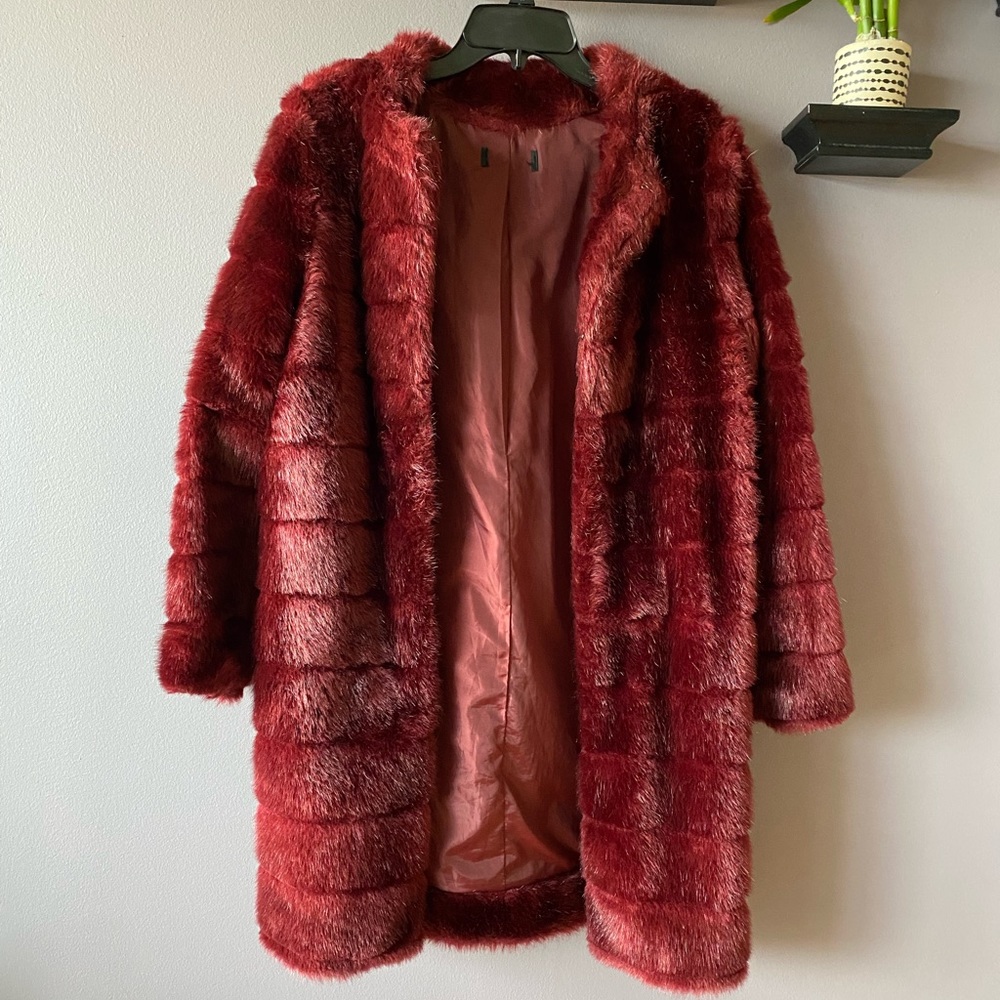 Maroon Knee Length Faux Fur Coat
